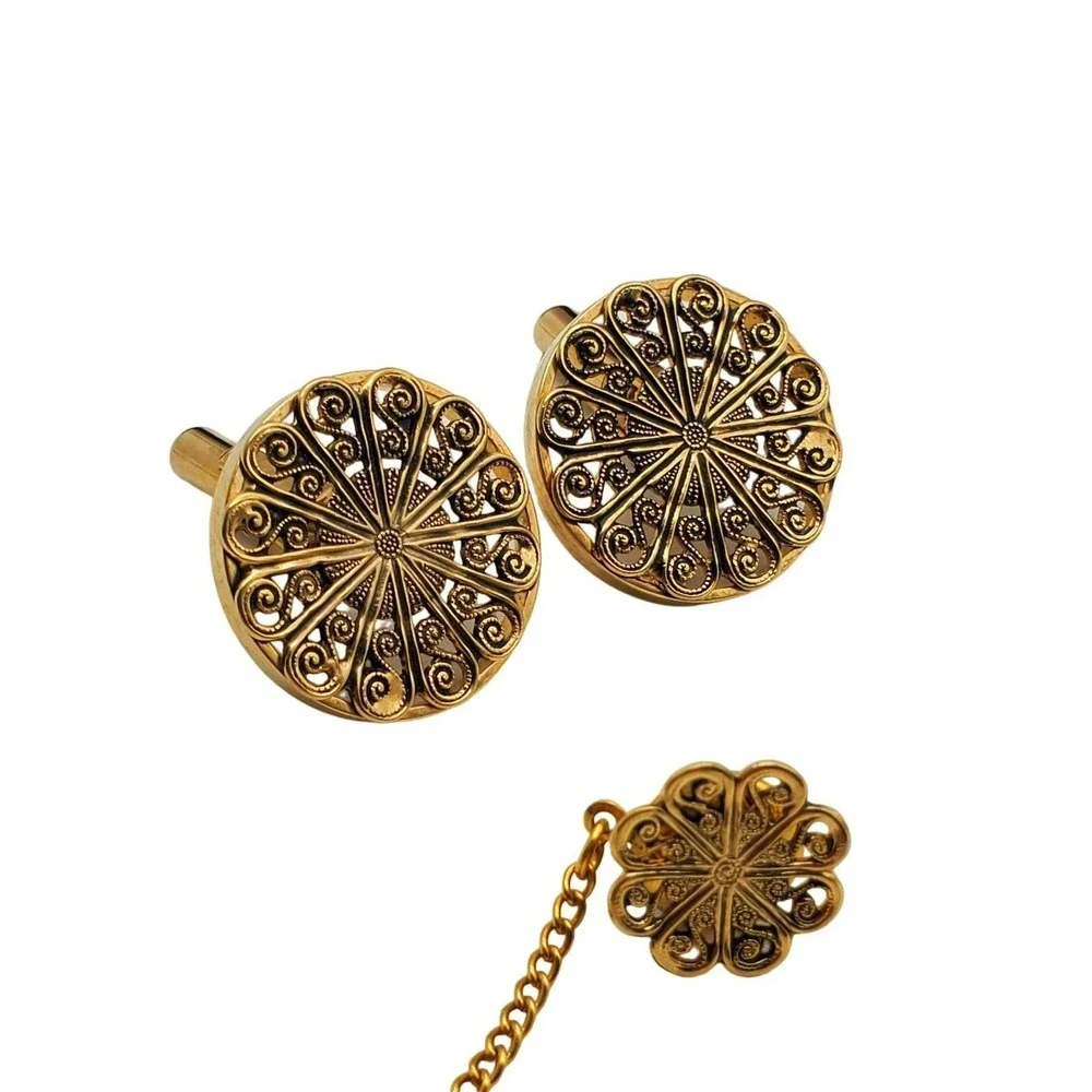 Destino Filigree Cufflinks & Tie Tac Gold‎ Tone Pin Tack Round Open Work Vintage